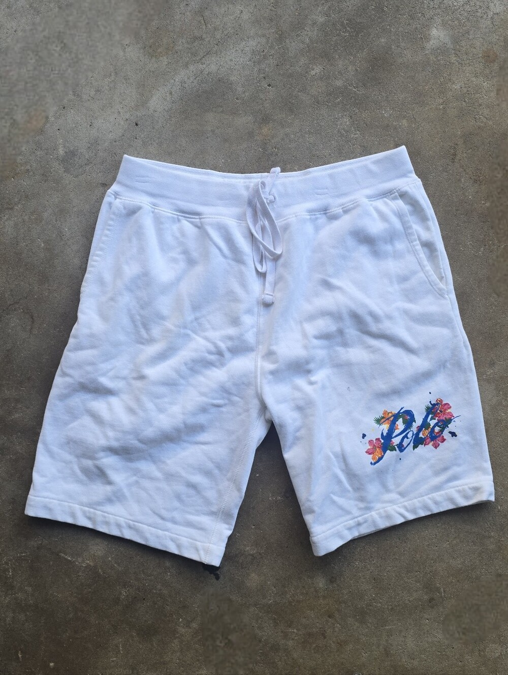 Polo Ralph Lauren Men’s White Fleece Sweat Shorts Floral Logo Size Mi